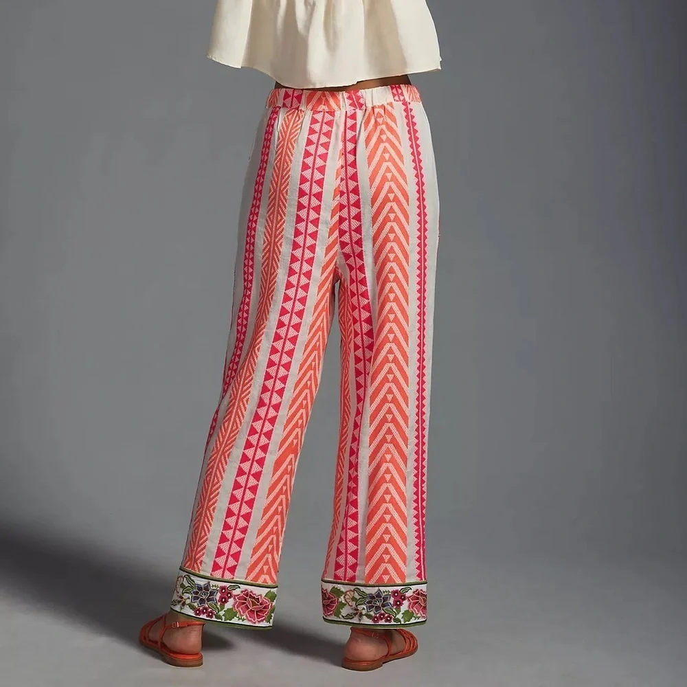 NWT Anthropologie Farm Rio Geometric Floral Embroidered Striped Pants Pink XS - Picture 3 of 16